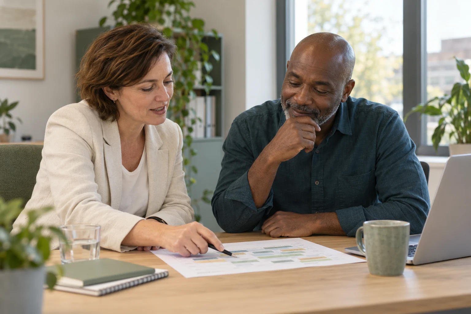 Een adviseur en een manager bekijken samen een planning