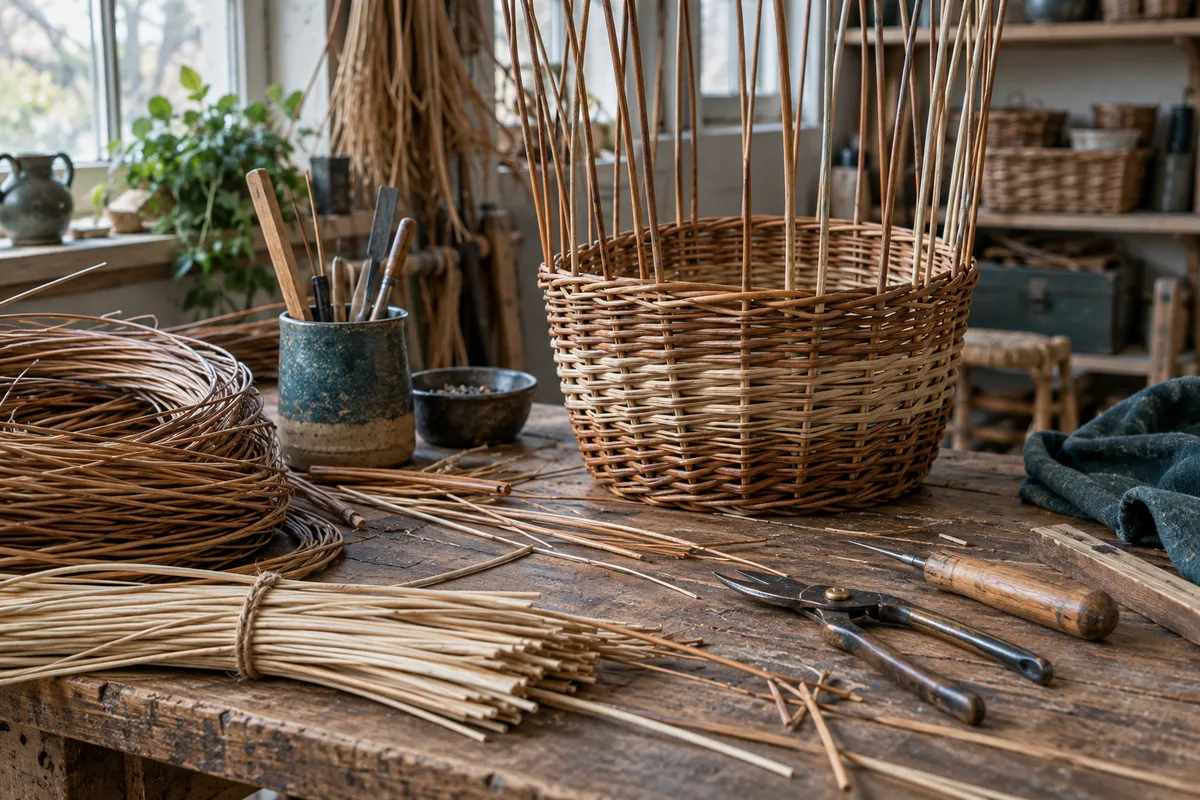 Mandenmakerswerkbank met riet en gereedschap