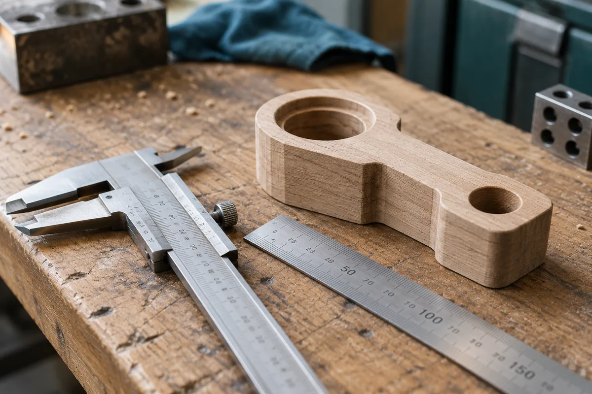 Schuifmaat en liniaal bij een houten werkstuk