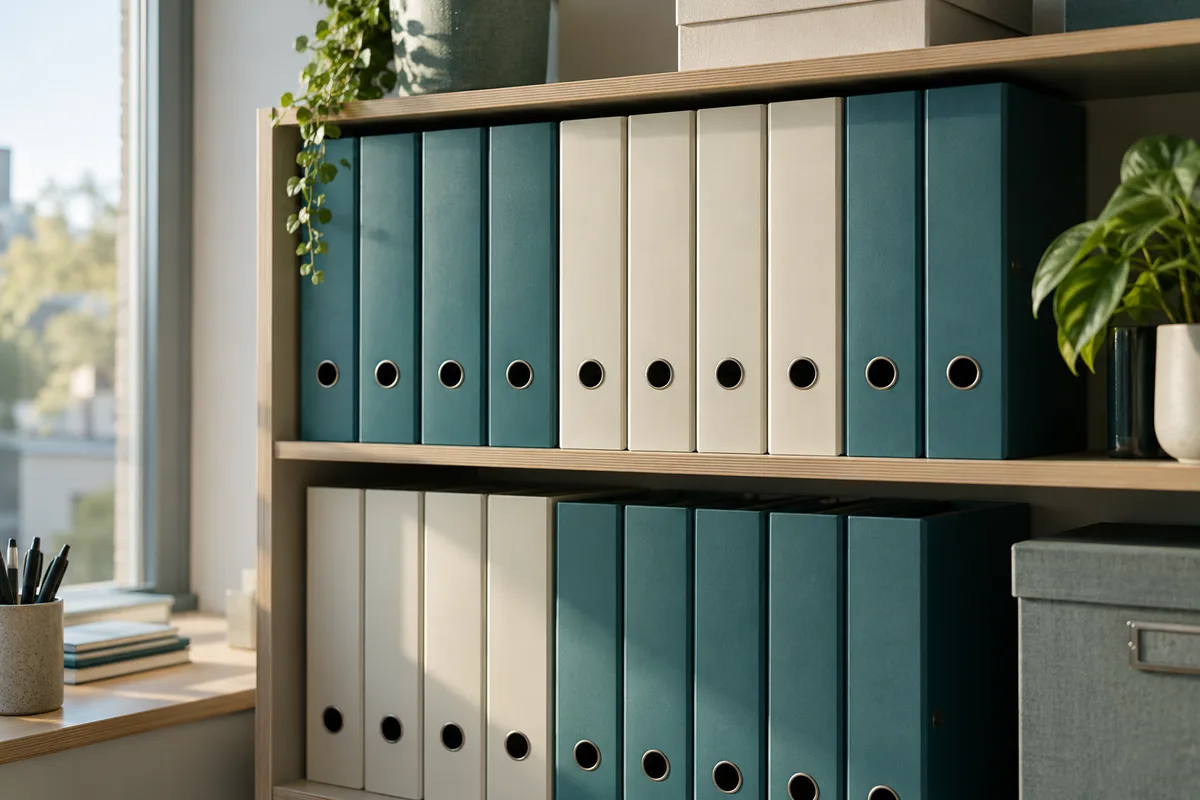 Geordende archiefmappen in een kast