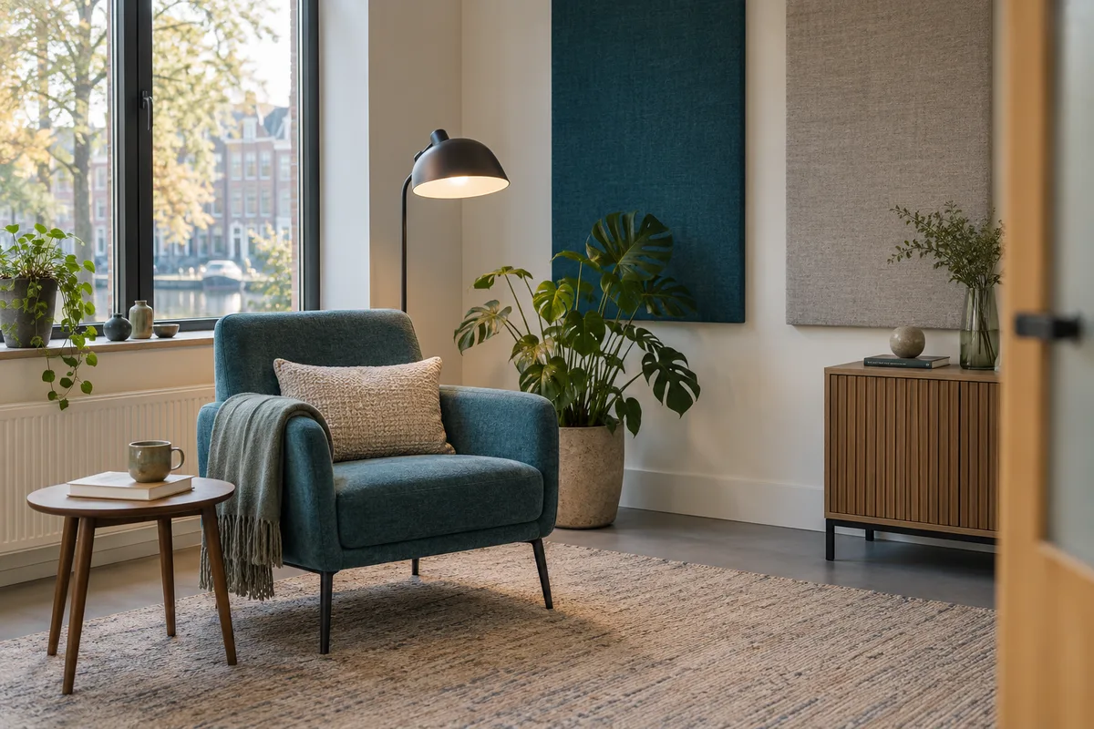 Rustige ruimte met een fauteuil en akoestische panelen