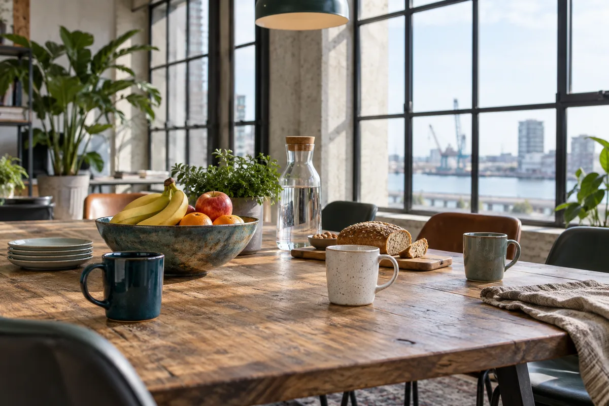 Lunchtafel met kopjes en een fruitschaal