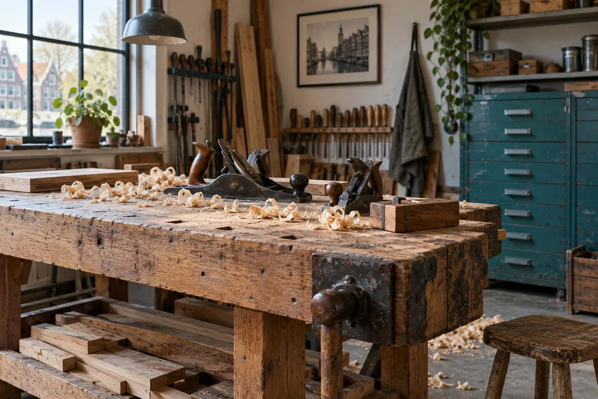 Houten werkbank met handgereedschap in een werkplaats